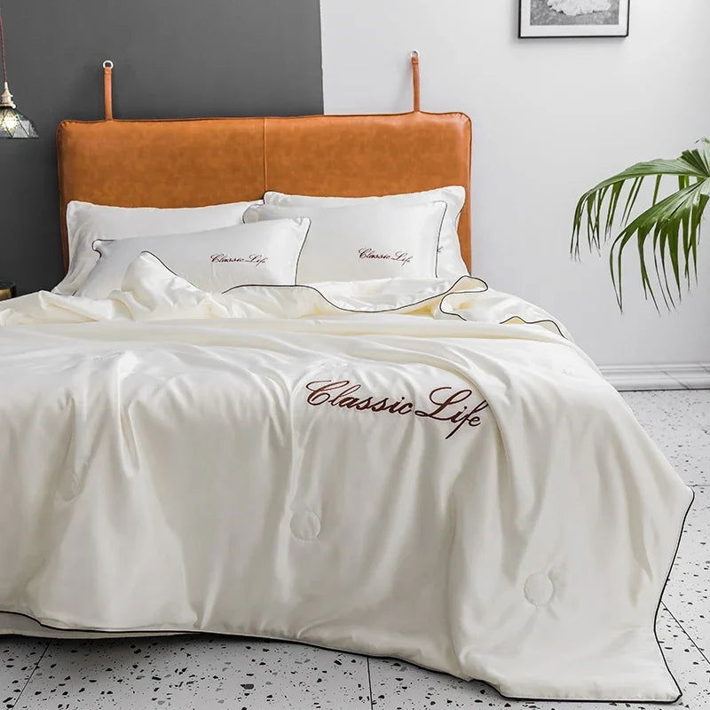 100% Washed Silk Summer Quilt Embroidery Smooth Ice Cooling Comforter for Bed Silky Solid Blanket Soft Cool Summer Blanket - Slobuy