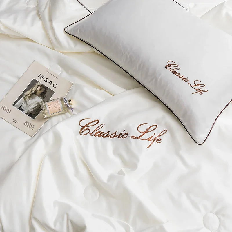100% Washed Silk Summer Quilt Embroidery Smooth Ice Cooling Comforter for Bed Silky Solid Blanket Soft Cool Summer Blanket - Slobuy
