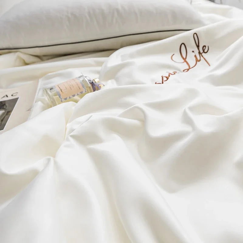 100% Washed Silk Summer Quilt Embroidery Smooth Ice Cooling Comforter for Bed Silky Solid Blanket Soft Cool Summer Blanket - Slobuy