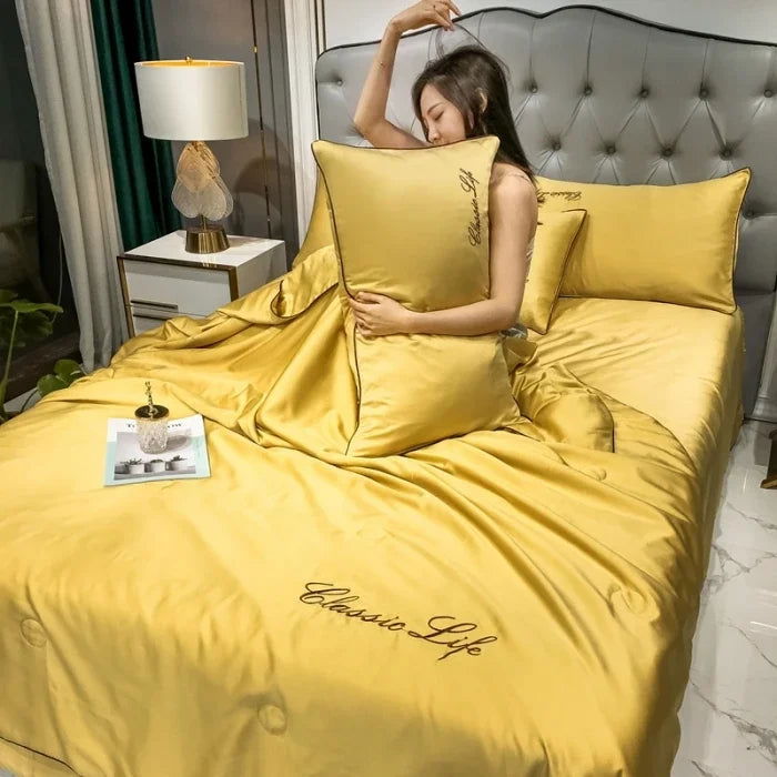 100% Washed Silk Summer Quilt Embroidery Smooth Ice Cooling Comforter for Bed Silky Solid Blanket Soft Cool Summer Blanket - Slobuy