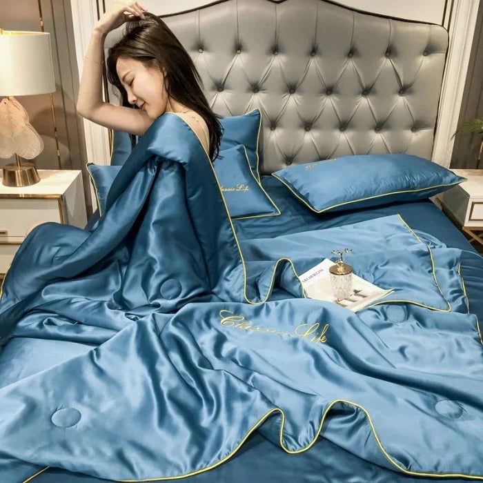 100% Washed Silk Summer Quilt Embroidery Smooth Ice Cooling Comforter for Bed Silky Solid Blanket Soft Cool Summer Blanket - Slobuy