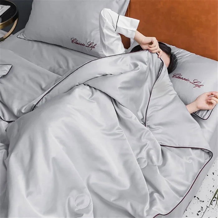 100% Washed Silk Summer Quilt Embroidery Smooth Ice Cooling Comforter for Bed Silky Solid Blanket Soft Cool Summer Blanket - Slobuy
