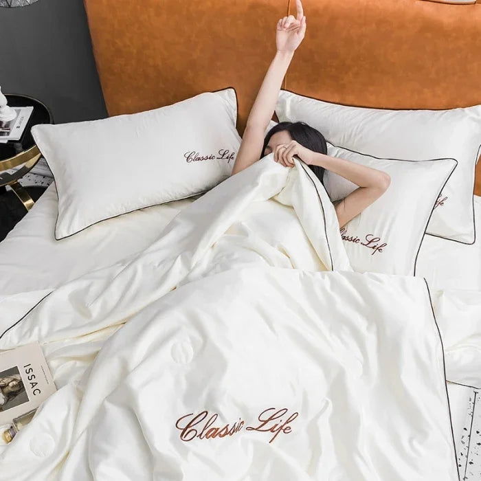 100% Washed Silk Summer Quilt Embroidery Smooth Ice Cooling Comforter for Bed Silky Solid Blanket Soft Cool Summer Blanket - Slobuy