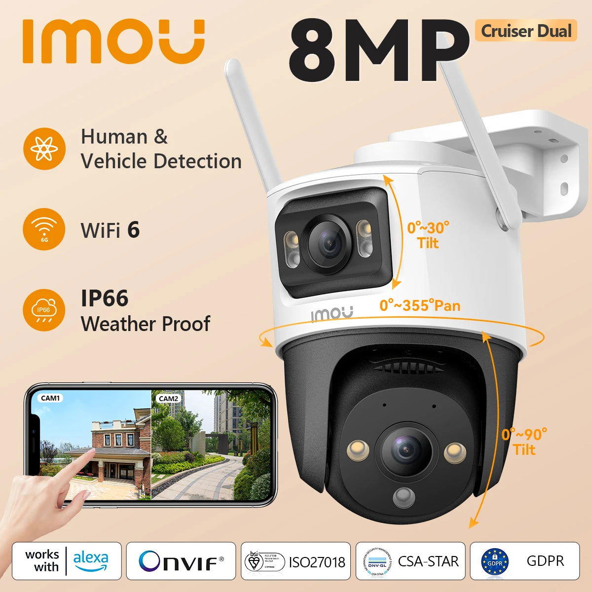 IMOU Cruiser Dual 8MP/10MP Dual Lens Outdoor PT Camera Home Security IP Camera AI Human & Vehicle Detection Surveillance Camera - Slobuy
