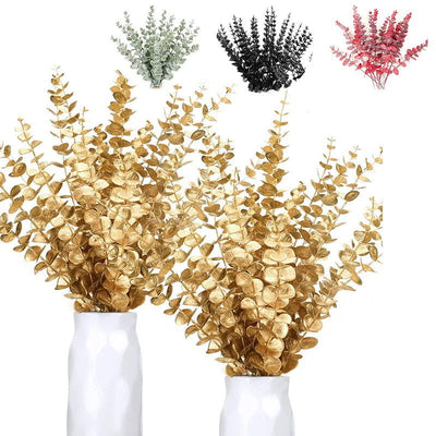 10PCS Gold Eucalyptus Leaf Artificial Plants Diy Christmas Fake Plant Flower Bouquet Ornament Home Garden Party Wedding Decor - Slobuy