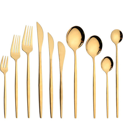 10Pcs Gold Dinnerware Sets Knife Fork Long Handle Spoons Dessert Flatware Mirror Cutlery Stainless Steel Tableware Silverware - Slobuy