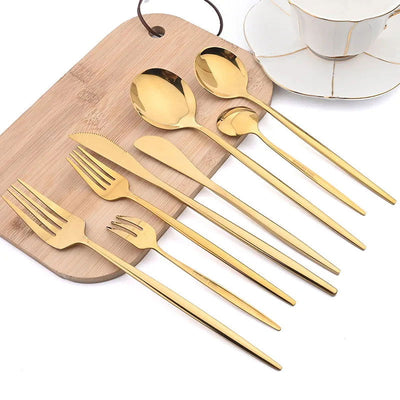 10Pcs Gold Dinnerware Sets Knife Fork Long Handle Spoons Dessert Flatware Mirror Cutlery Stainless Steel Tableware Silverware - Slobuy