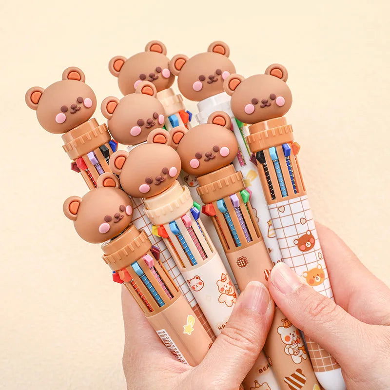 10 Colors Ballpoint Pen Cartoon Bear 0.5mm Colorful Ink Gel Pens Silicone Kawaii Pens School Office Supplies Korean Stationery - Slobuy