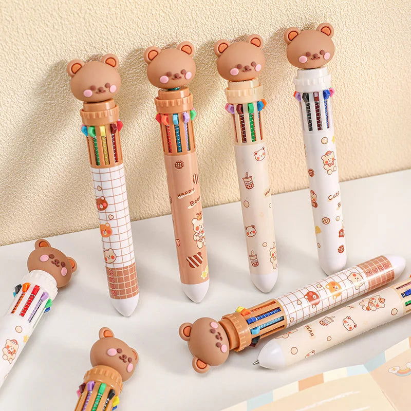 10 Colors Ballpoint Pen Cartoon Bear 0.5mm Colorful Ink Gel Pens Silicone Kawaii Pens School Office Supplies Korean Stationery - Slobuy