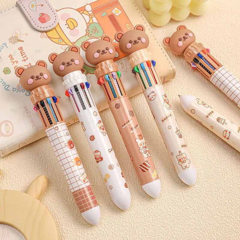 10 Colors Ballpoint Pen Cartoon Bear 0.5mm Colorful Ink Gel Pens Silicone Kawaii Pens School Office Supplies Korean Stationery - Slobuy