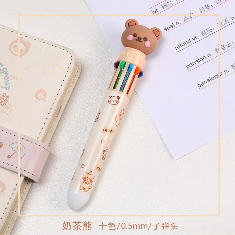 10 Colors Ballpoint Pen Cartoon Bear 0.5mm Colorful Ink Gel Pens Silicone Kawaii Pens School Office Supplies Korean Stationery - Slobuy