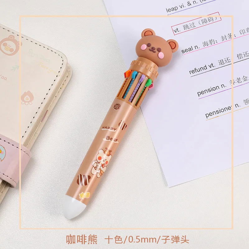 10 Colors Ballpoint Pen Cartoon Bear 0.5mm Colorful Ink Gel Pens Silicone Kawaii Pens School Office Supplies Korean Stationery - Slobuy