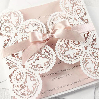 10 pieces White Lace Rose Gold Bowknot Wedding Invitation Card Laser Floral Pink Engagement Quinceanera Invitations IC134 - Slobuy