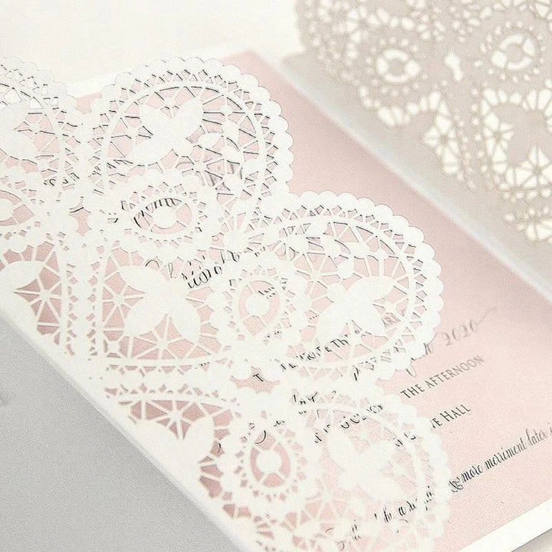 10 pieces White Lace Rose Gold Bowknot Wedding Invitation Card Laser Floral Pink Engagement Quinceanera Invitations IC134 - Slobuy