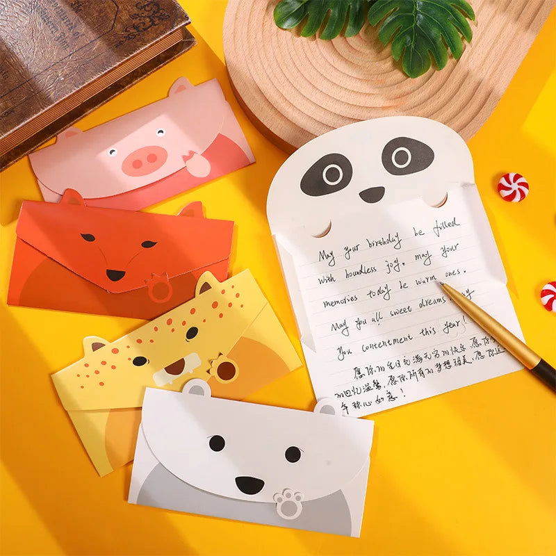 10pcs Random Color Cartoon Animal Envelope Message Thank Card Baby Birthday Party Invitation Greeting Holiday Universal Sheet - Slobuy