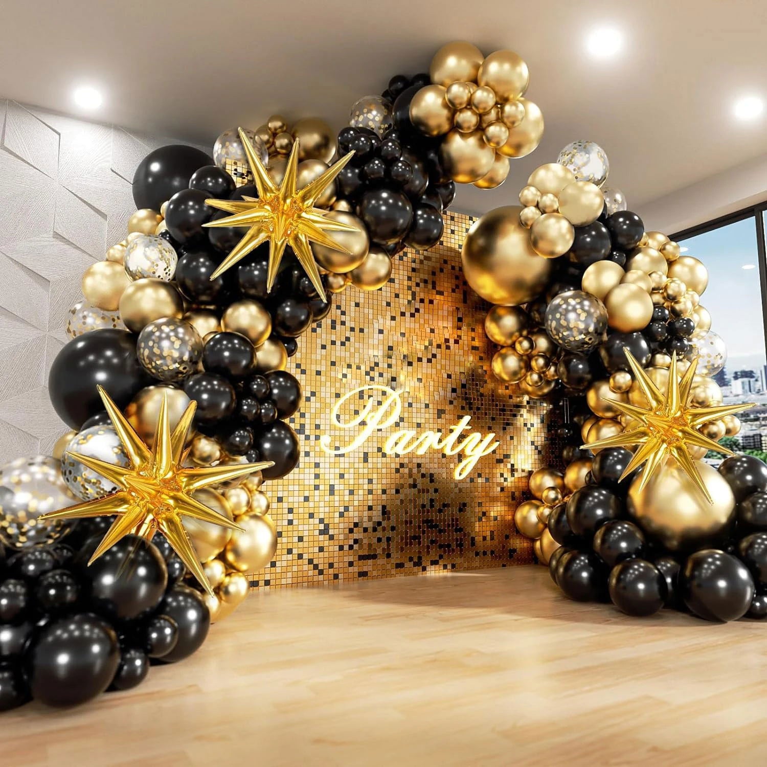 121Pcs Black and Gold Balloons Garland Arch Kit with Starburst Foil Balloons for New Years Wedding  Birthday Party Decorations - Slobuy