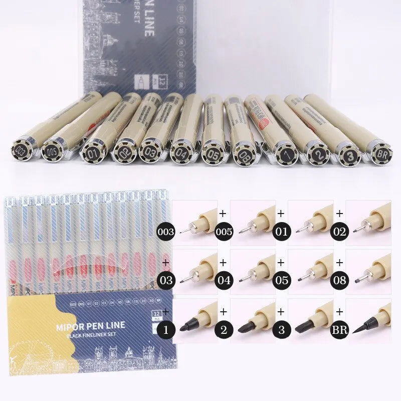 12Pcs Pigment Fineliner Pens Hook Liner Sketch Markers Drawing Waterproof Art Supplies Manga Comic Handwriting Black - Slobuy
