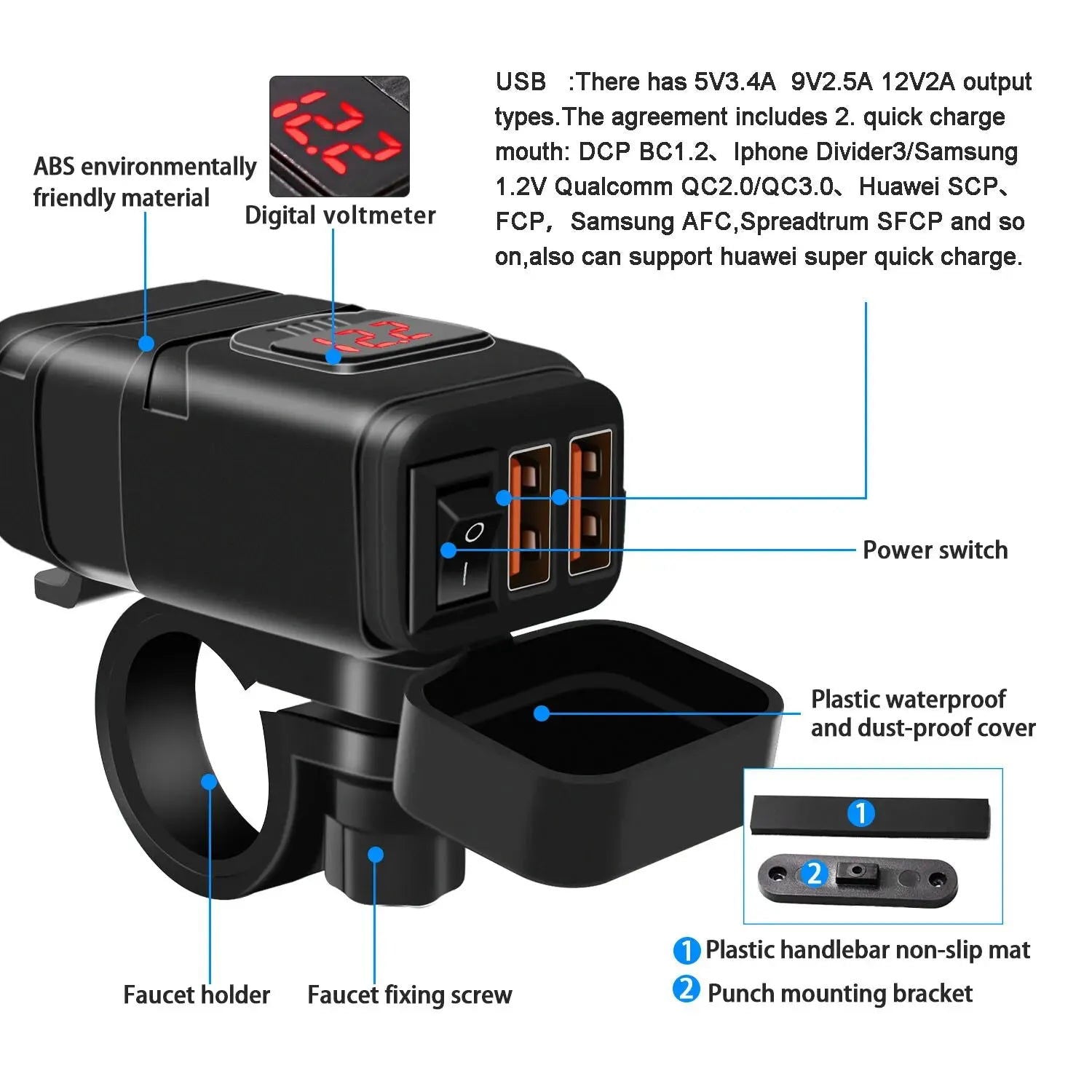 12V Fast Charging Motorcycle USB Chargers 3.0 Power Adapter Digital Bike Moto Motor Motorbike Accessories Electronics Universal - Slobuy