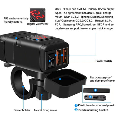 12V Fast Charging Motorcycle USB Chargers 3.0 Power Adapter Digital Bike Moto Motor Motorbike Accessories Electronics Universal - Slobuy
