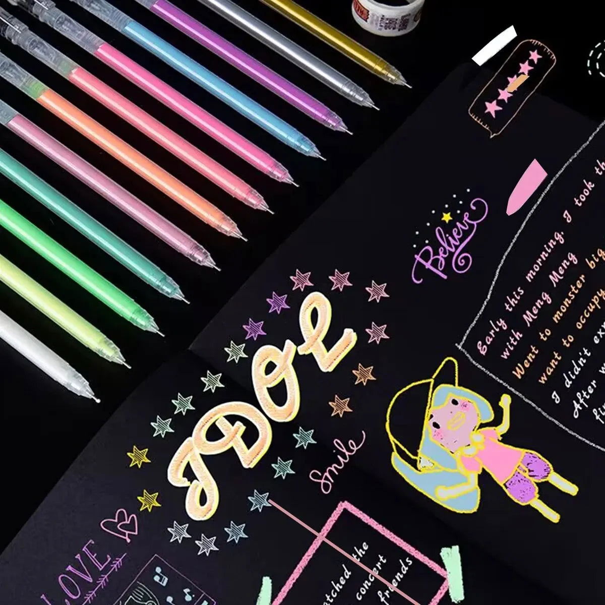 12 Color Large Capacity Needle Highlighter Fine Tip 0.5mm Gel Pen Drawing DIY Black Cardstock Drawing Marking Diary Doodling - Slobuy