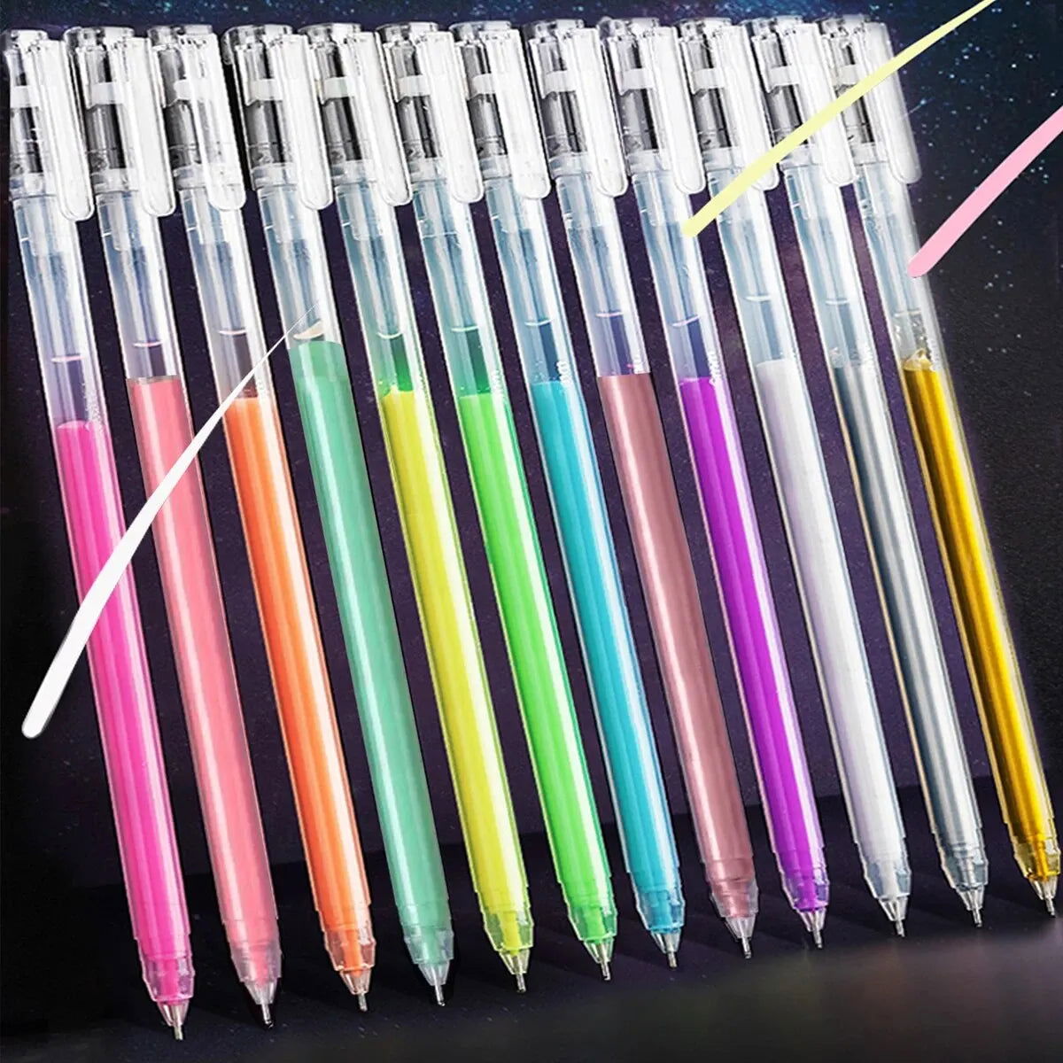 12 Color Large Capacity Needle Highlighter Fine Tip 0.5mm Gel Pen Drawing DIY Black Cardstock Drawing Marking Diary Doodling - Slobuy