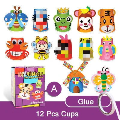 12pcs Children 3D DIY handmade Paper Cups Sticker Material Kit Whole Set Kids Kindergarten School Art Craft Educational Toys GYH - Slobuy