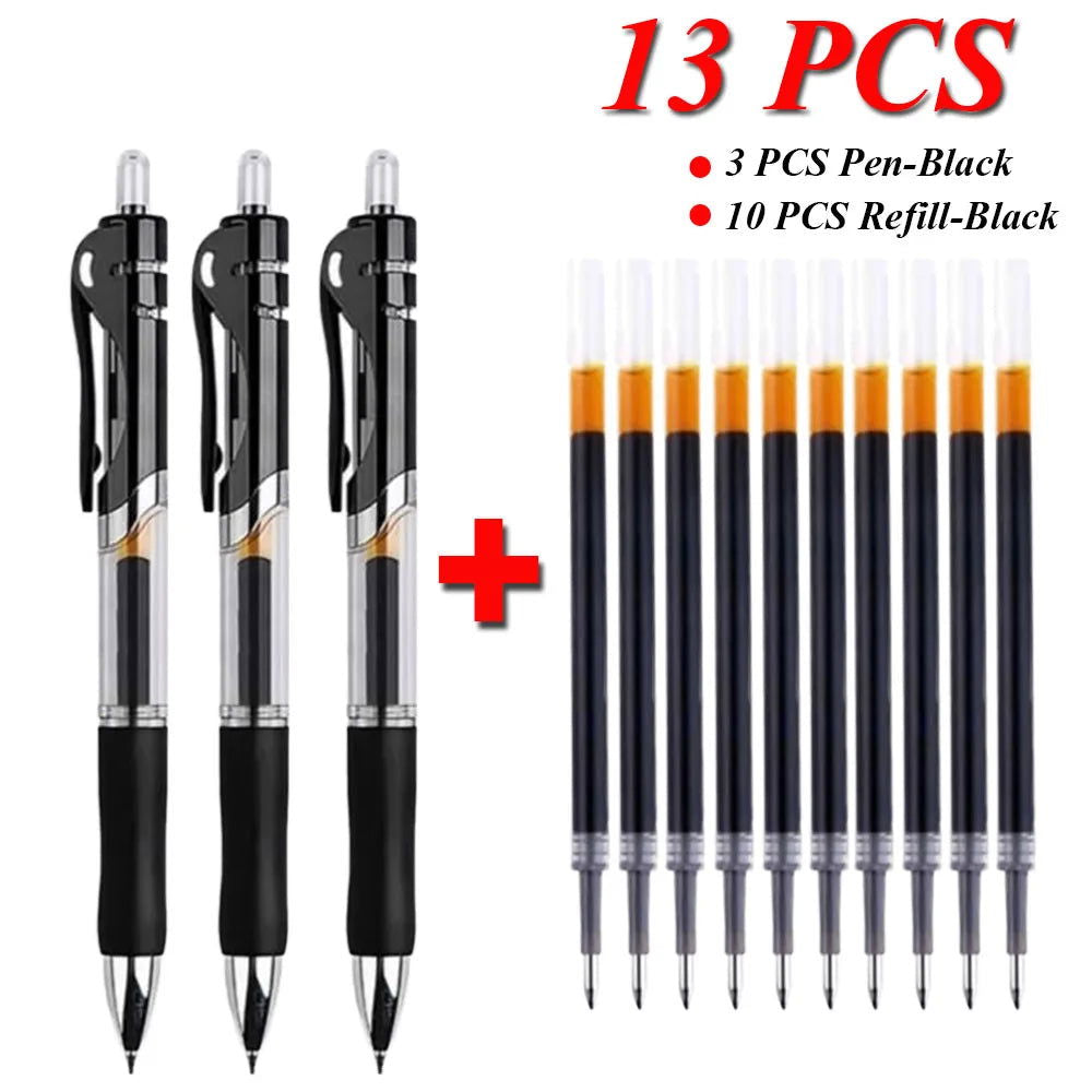 13Pcs Set Ballpen Retractable Gel Pens Black Red Blue Ink 0.5mm Ballpoint Replaceable Refills Office School Supplies Stationery - Slobuy