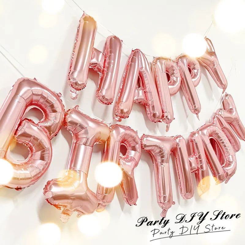 13pcs Birthday Balloon Rose Gold Color Foil Letter Balloons Set Happy Birthday Decoration Globos Kids Party Supplies - Slobuy