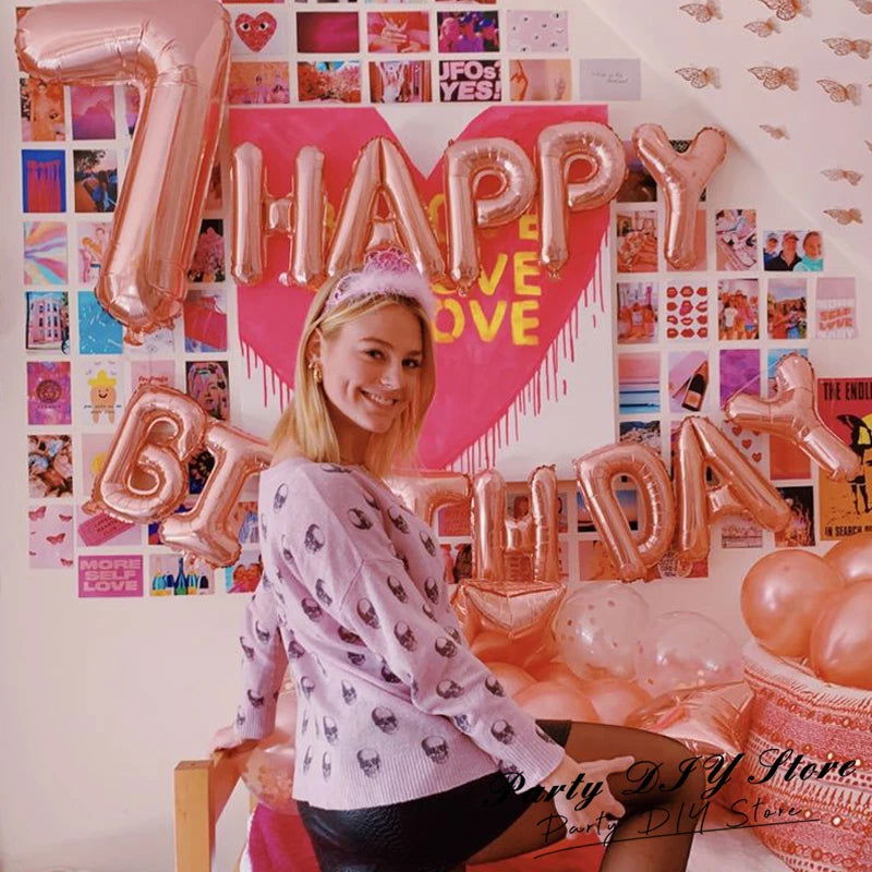 13pcs Birthday Balloon Rose Gold Color Foil Letter Balloons Set Happy Birthday Decoration Globos Kids Party Supplies - Slobuy