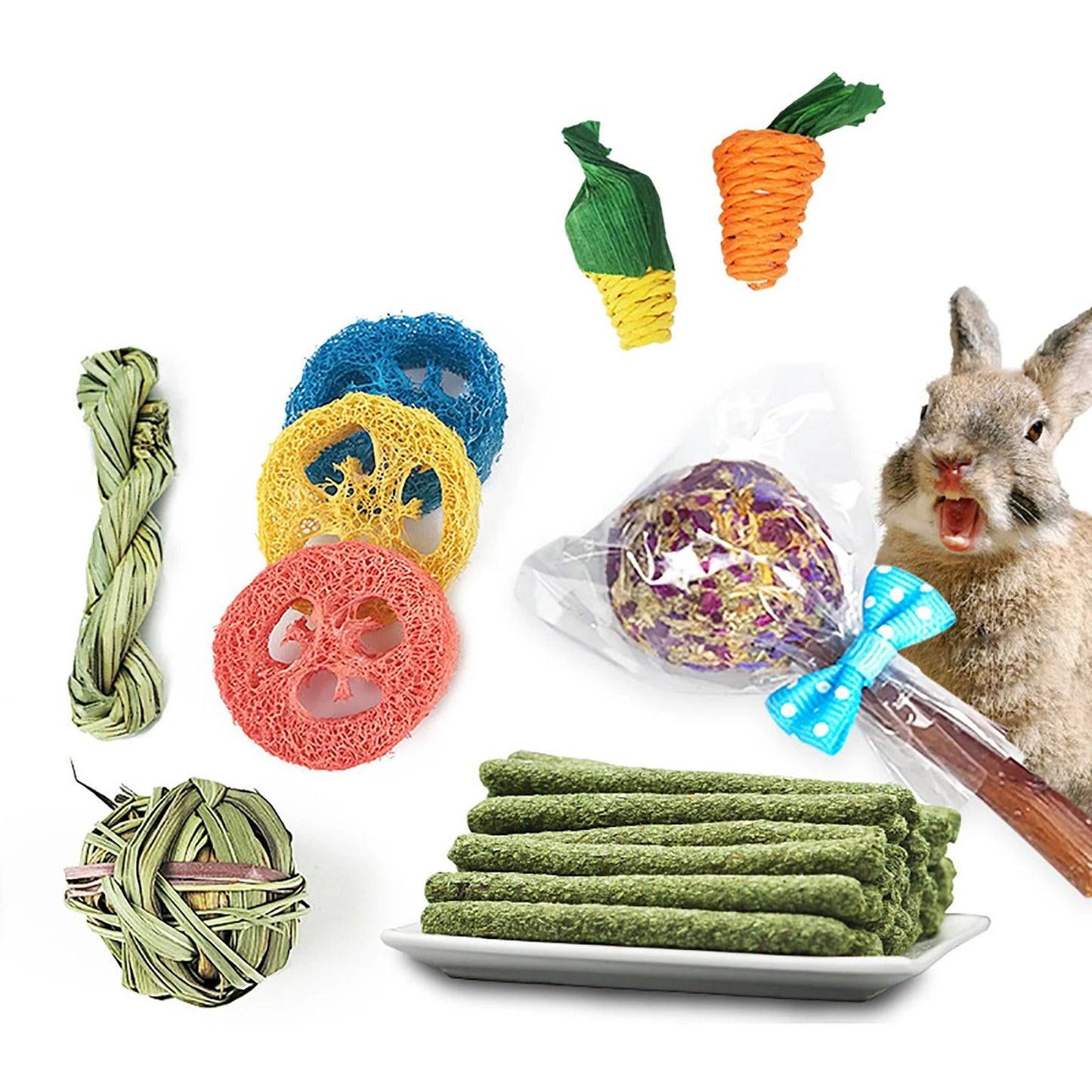 14Pcs Guinea Pig Rabbit Chew Toys Tooth Cleaning Toy for Bunny Hamster Molar Toys for Teeth Health Rabbit Accessories - Slobuy