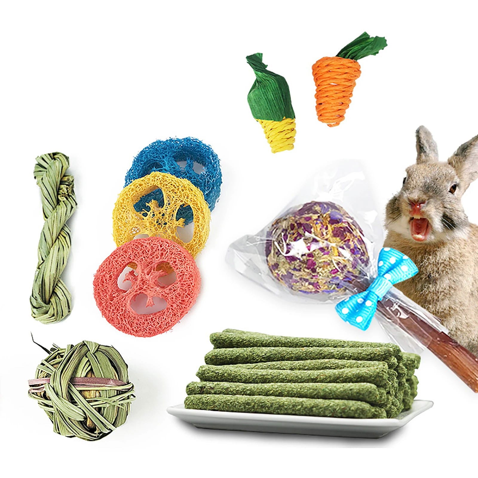 14Pcs Guinea Pig Rabbit Chew Toys Tooth Cleaning Toy for Bunny Hamster Molar Toys for Teeth Health Rabbit Accessories - Slobuy
