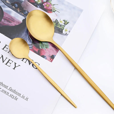 16Pcs Gold Matte Cutlery Set Knife Fork Spoons Dinnerware Set Stainless Steel Tableware Western Flatware Kitchen Silverware Set - Slobuy