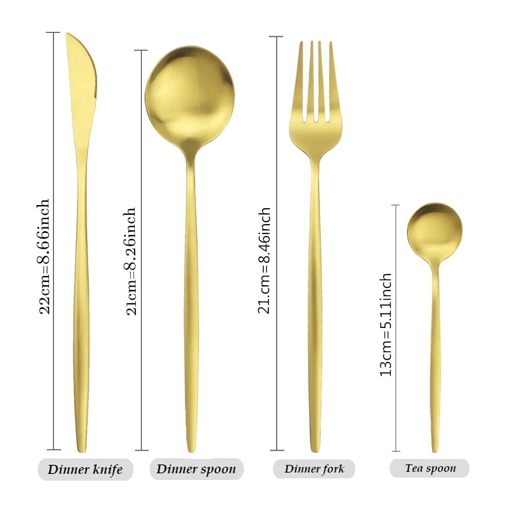 16Pcs Gold Matte Cutlery Set Knife Fork Spoons Dinnerware Set Stainless Steel Tableware Western Flatware Kitchen Silverware Set - Slobuy