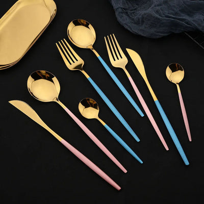 16pcs Pink Gold Dinnerware Tableware Set Mirror Stainless Steel Cutlery Kitchen Knife Fork Spoon Restaurant Wedding Flatware Set - Slobuy