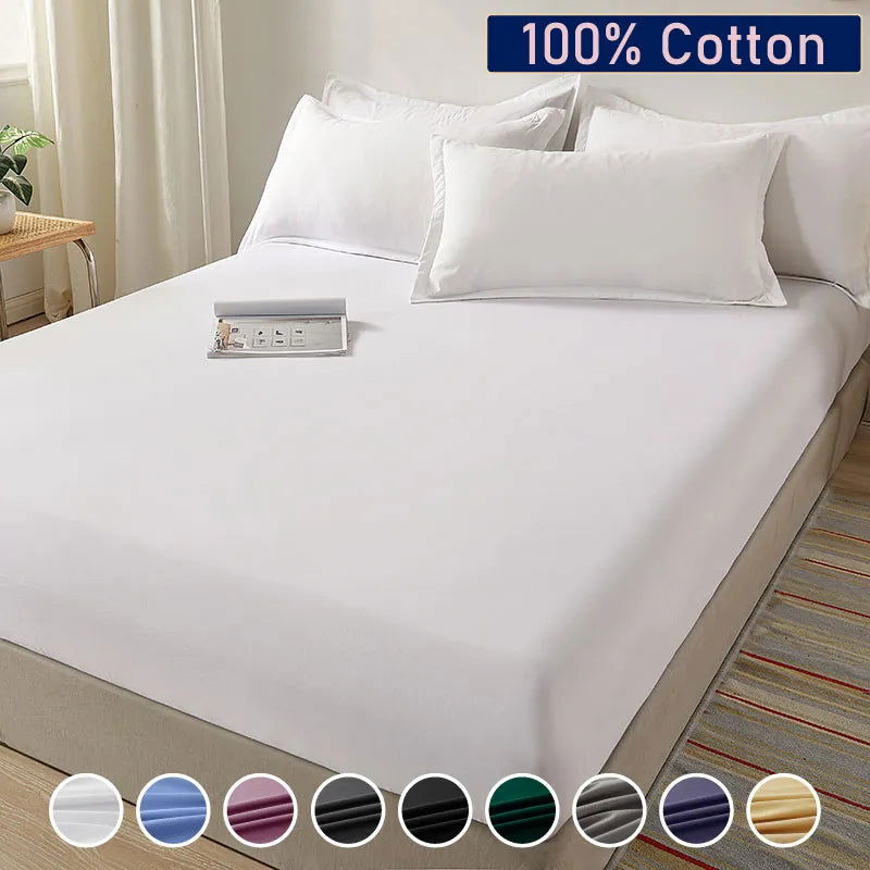 100% Cotton Fitted Bed Sheet with Elastic Band Solid Color Mattress Cover for Single Double King Queen Bed 140/150/160/180x200 - Slobuy