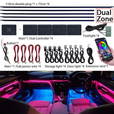 18 in 1 Dual Zone Symphony LED Car Ambient Lights RGB 64 Colors Interior Rainbow Acrylic Strip Neon Atmosphere Lighting Kit App - Slobuy