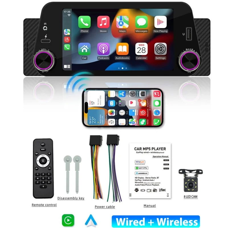 1Din Car Radio Multimedia Player Carplay&Android Auto Display Navigation Mirrorlink 5inch Touch Screen Reversing Input Supported - Slobuy