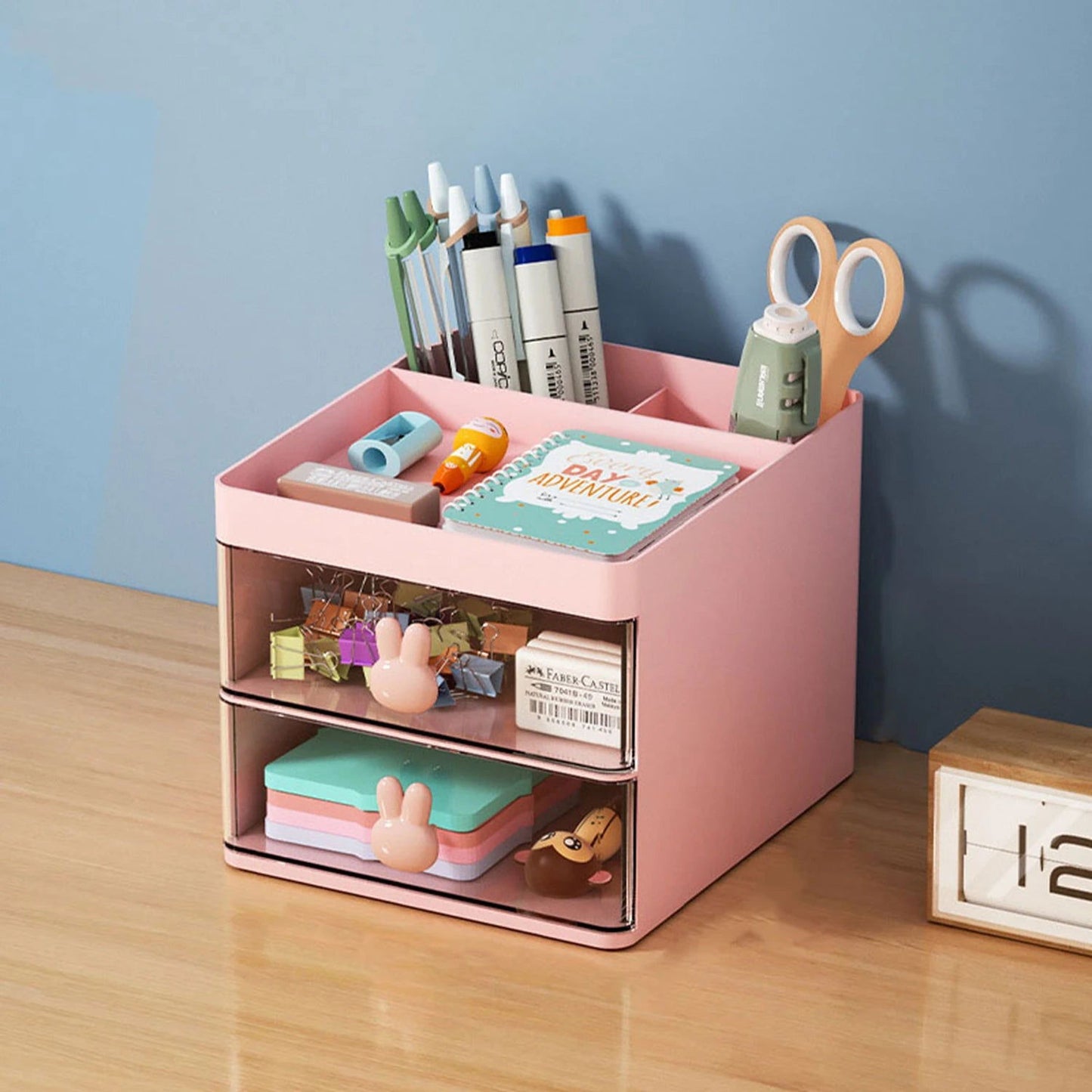 1PCS 2-laye Creative Pen Holder Transparent Drawer Rabbit Storage Box Children Girls Student Office Bedroom Desktop - Slobuy