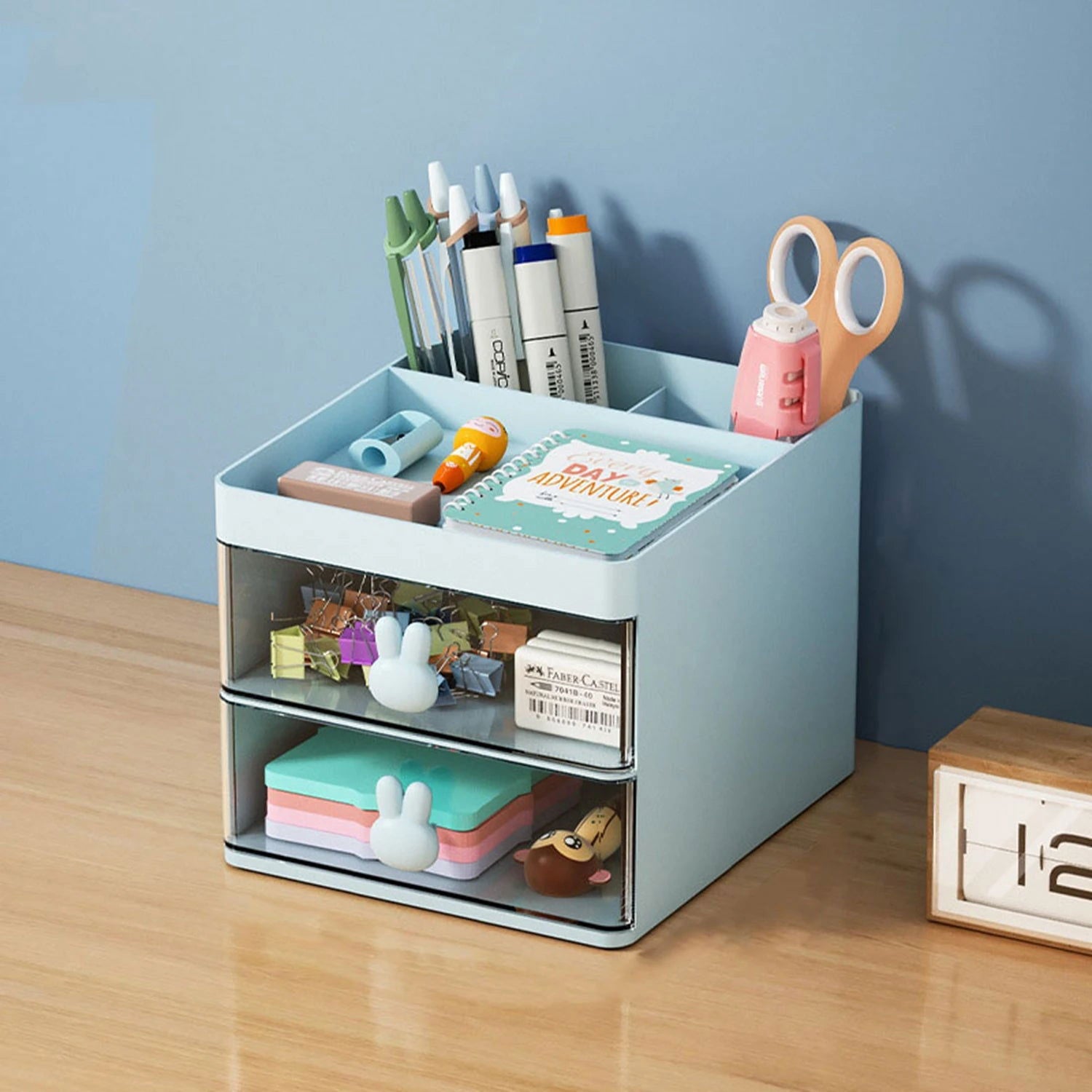 1PCS 2-laye Creative Pen Holder Transparent Drawer Rabbit Storage Box Children Girls Student Office Bedroom Desktop - Slobuy