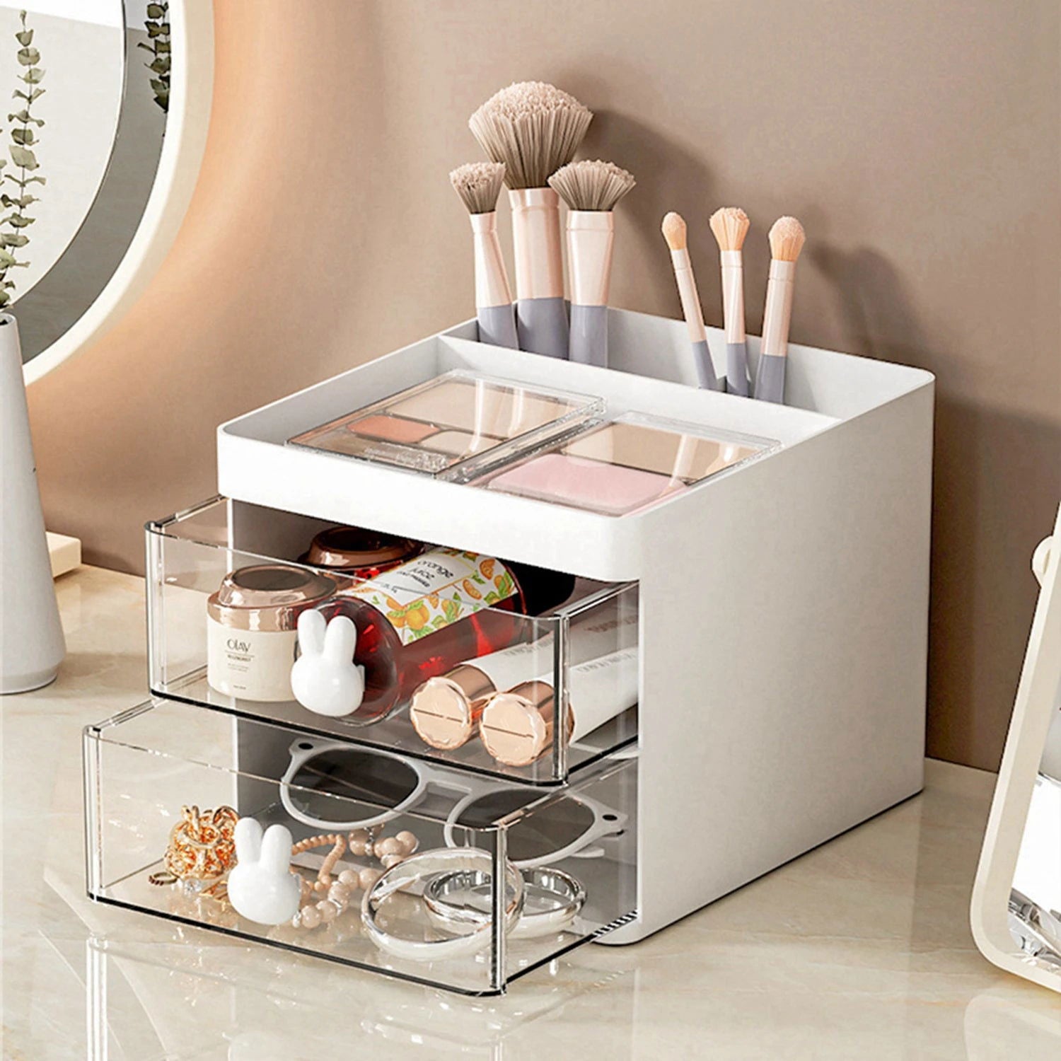 1PCS 2-laye Creative Pen Holder Transparent Drawer Rabbit Storage Box Children Girls Student Office Bedroom Desktop - Slobuy