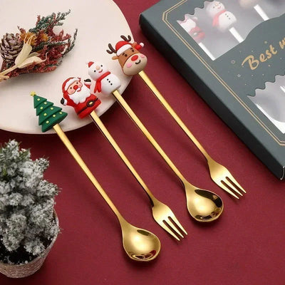 6/4/1PCS Christmas Gift Glod Spoon Fork Set Elk Christmas Tree Decoration Dessert Scoop Fruit Fork Coffee Spoon Cutlery Set - Slobuy