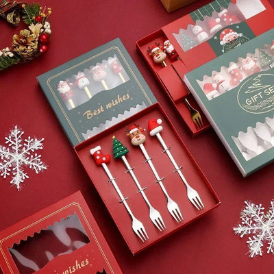 6/4/1PCS Christmas Gift Glod Spoon Fork Set Elk Christmas Tree Decoration Dessert Scoop Fruit Fork Coffee Spoon Cutlery Set - Slobuy
