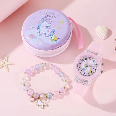 1PCS Girl Cute Student Little Fresh Unicorn Pink Light Quartz Silicone Watch +1Pcs Burst Bead Bracelet +1Pcs Pink Box Set - Slobuy
