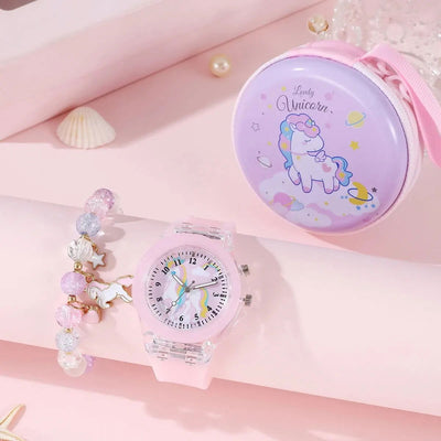 1PCS Girl Cute Student Little Fresh Unicorn Pink Light Quartz Silicone Watch +1Pcs Burst Bead Bracelet +1Pcs Pink Box Set - Slobuy