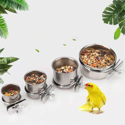 1PCS Parrot Feeding Bowl With Clamp Holder Stainless Steel Pet Birds Food Dish Parrots Cage Accessories Drinking Feeder - Slobuy