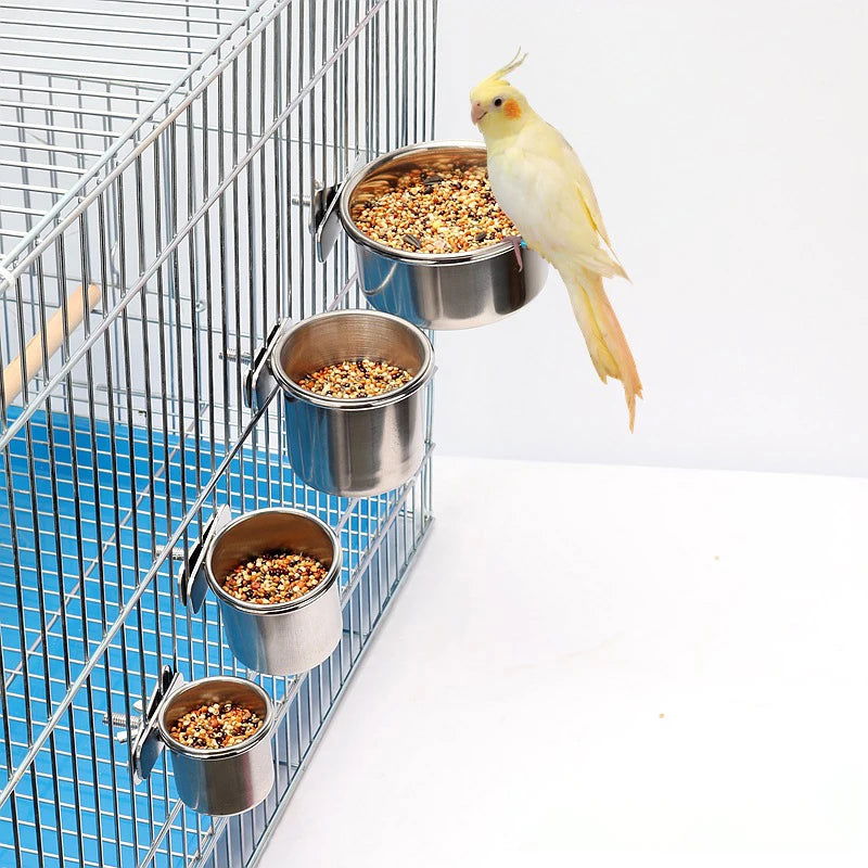 1PCS Parrot Feeding Bowl With Clamp Holder Stainless Steel Pet Birds Food Dish Parrots Cage Accessories Drinking Feeder - Slobuy