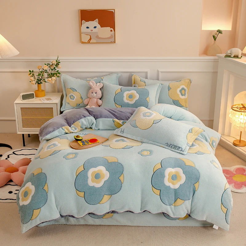 1PC Duvet Cover and 2PC Pillowcase Set Flannel Coral Fleece Warm Winter Thick Single Double Queen King Quilt Bedding Set - Slobuy