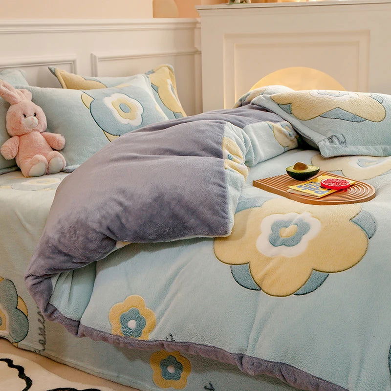 1PC Duvet Cover and 2PC Pillowcase Set Flannel Coral Fleece Warm Winter Thick Single Double Queen King Quilt Bedding Set - Slobuy