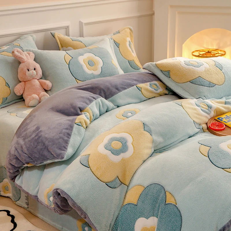 1PC Duvet Cover and 2PC Pillowcase Set Flannel Coral Fleece Warm Winter Thick Single Double Queen King Quilt Bedding Set - Slobuy
