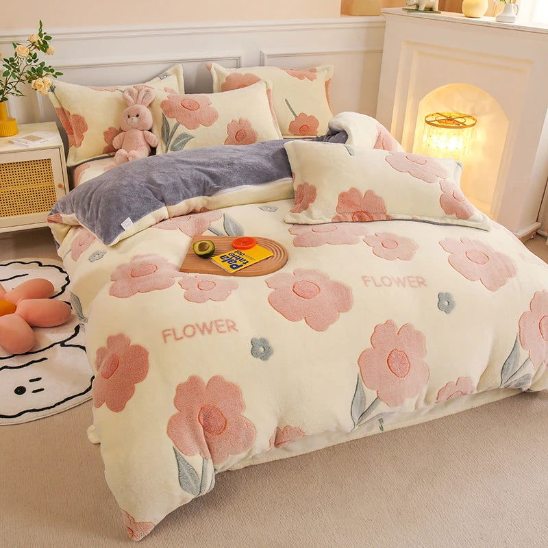 1PC Duvet Cover and 2PC Pillowcase Set Flannel Coral Fleece Warm Winter Thick Single Double Queen King Quilt Bedding Set - Slobuy